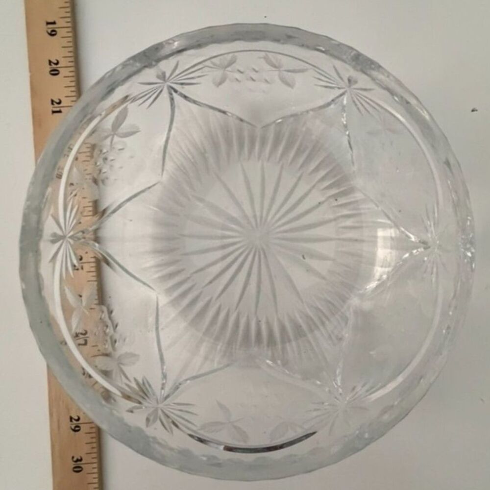 vtg. Lead Crystal bowl with starburst base and etched floral accents